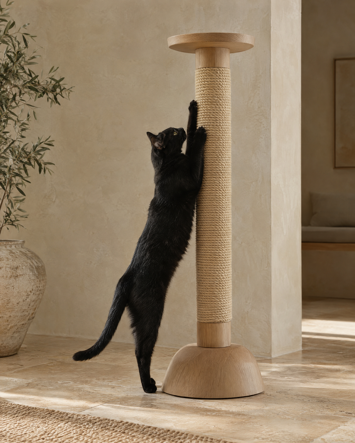 A black cat stretching up an oak and sisal scratching post