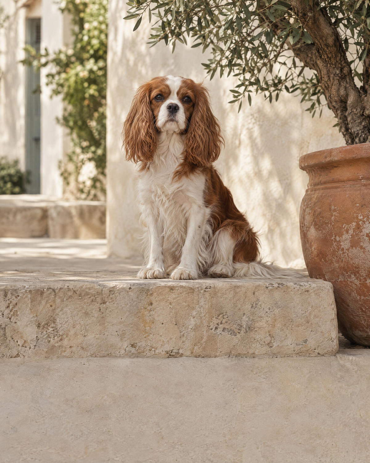 A Cavalier King Charles spaniel in a sunlit courtyard