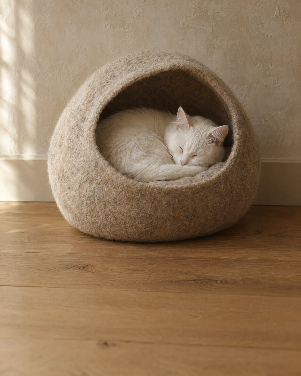 A white cat asleep in a felted wool cave bed