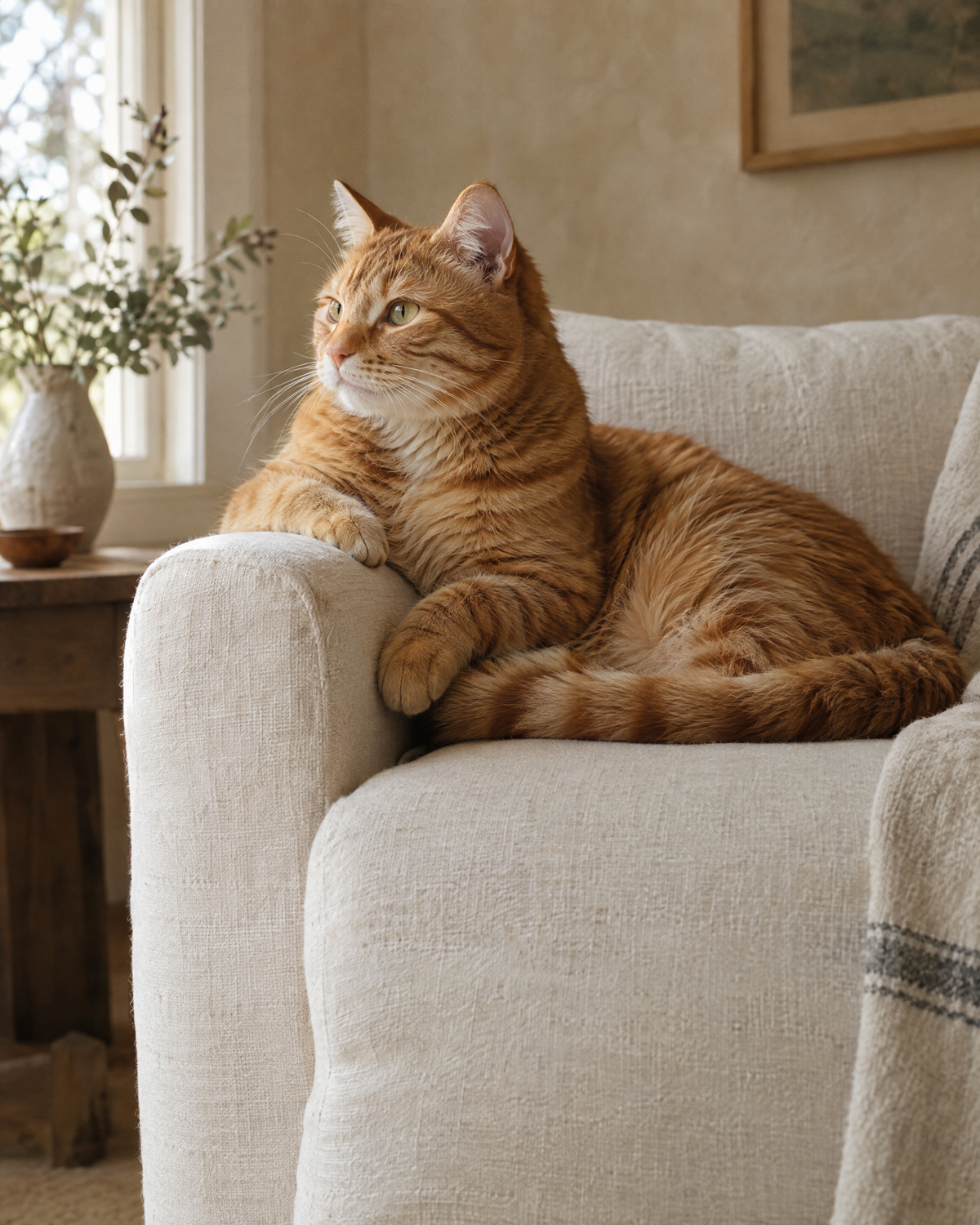 A ginger cat reclining on a linen armchair