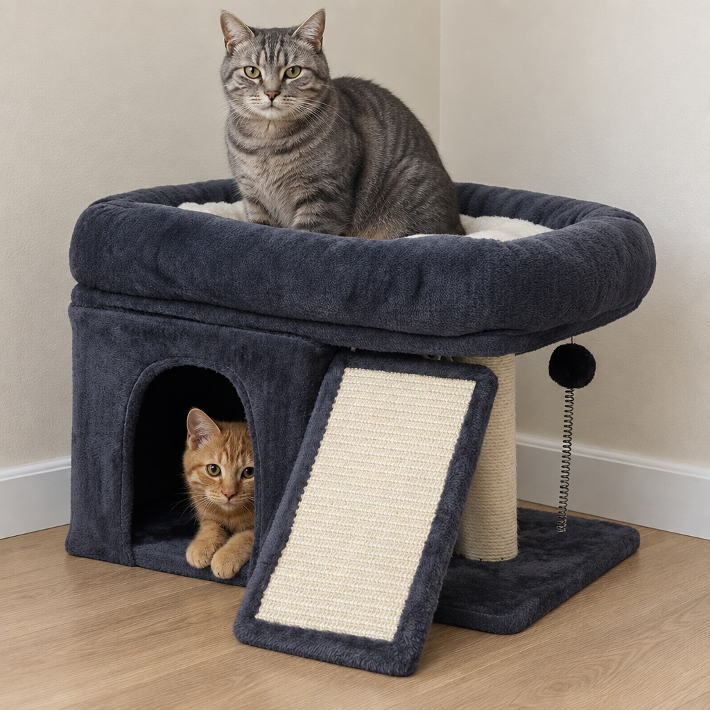Cat on a plush cat tree