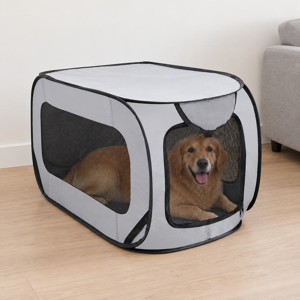 Dog lying in a pop-up kennel