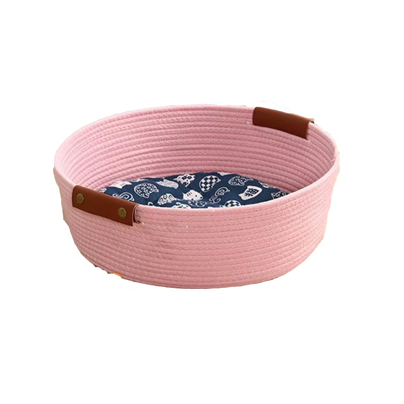 Woven Cotton Rope Cat Bed round Four Seasons Pet Bed with Removable Cushion Soft Washable Nest for Cats & Small Dogs, Cozy Cat