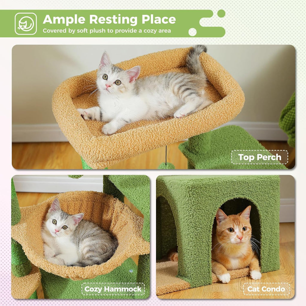 Cactus Cat Tree for Indoor Cats, 92Cm Cat Tower with 3 Scratching Post, Scratching Board, Large Condo, Cozy Hammock and Large Top Perch for Kittens, Green