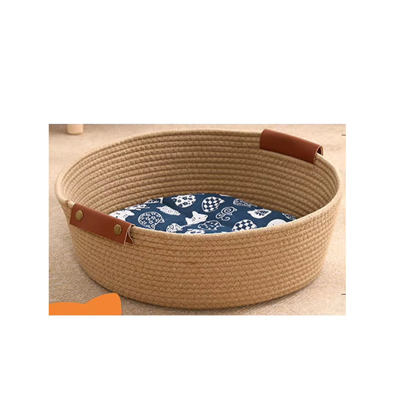 Woven Cotton Rope Cat Bed round Four Seasons Pet Bed with Removable Cushion Soft Washable Nest for Cats & Small Dogs, Cozy Cat