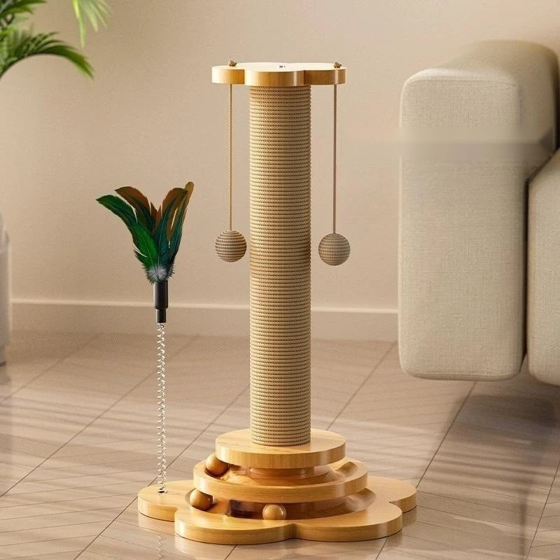 Wooden Cat Turntable Toy with sisal scratching post in a living room