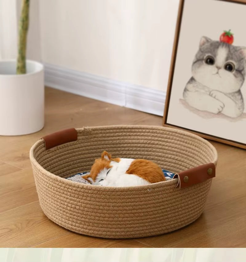 Woven Cotton Rope Cat Bed round Four Seasons Pet Bed with Removable Cushion Soft Washable Nest for Cats & Small Dogs, Cozy Cat