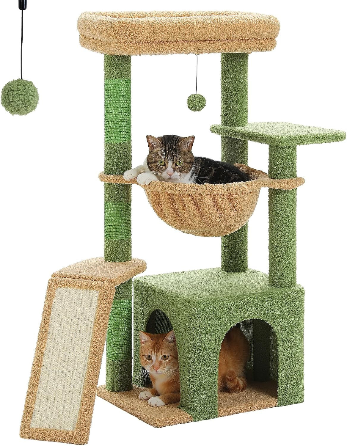 Cactus Cat Tree for Indoor Cats, 92Cm Cat Tower with 3 Scratching Post, Scratching Board, Large Condo, Cozy Hammock and Large Top Perch for Kittens, Green