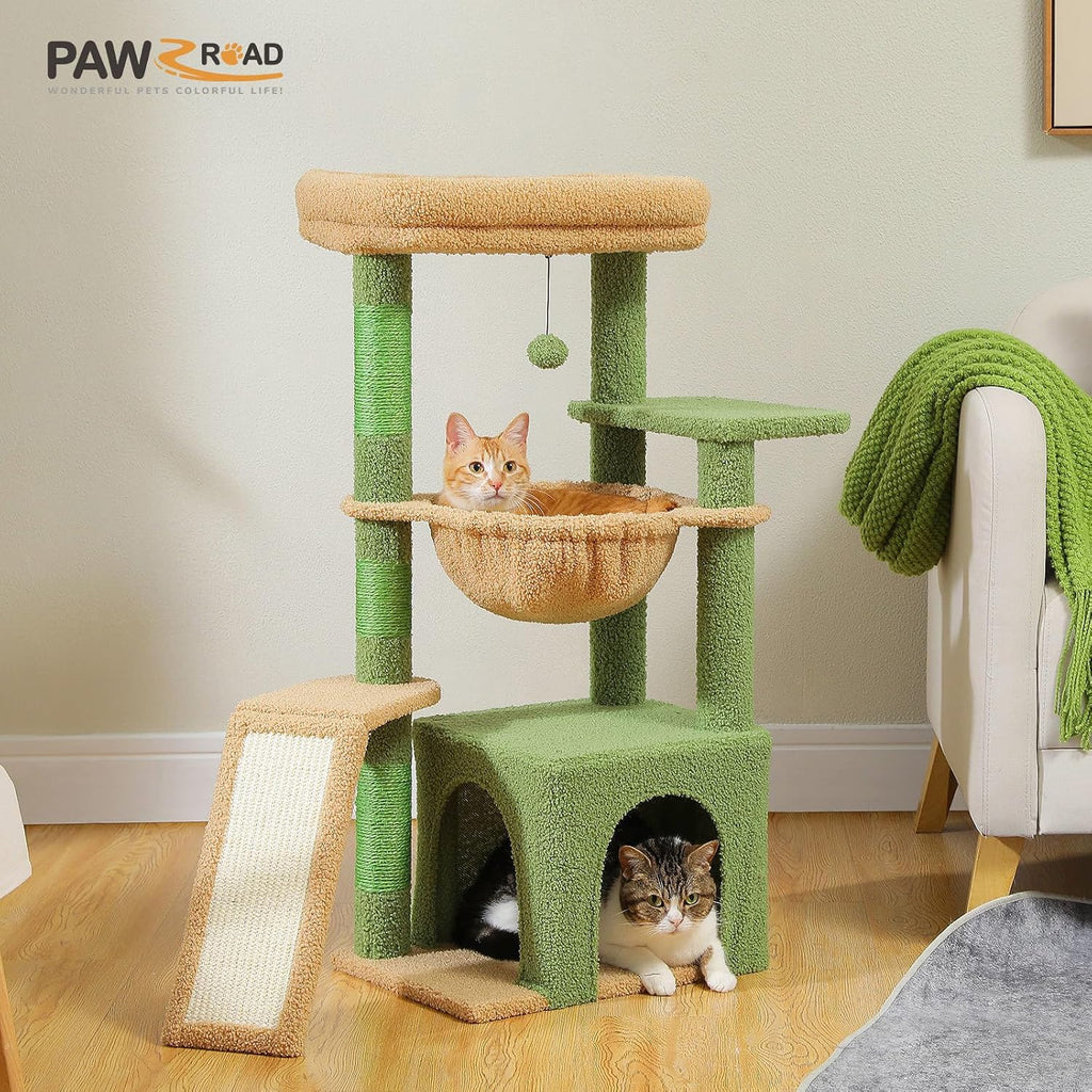 Cactus Cat Tree for Indoor Cats, 92Cm Cat Tower with 3 Scratching Post, Scratching Board, Large Condo, Cozy Hammock and Large Top Perch for Kittens, Green