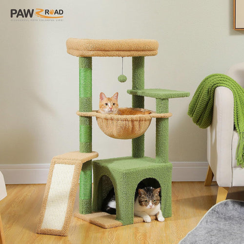 Cactus Cat Tree for Indoor Cats, 92Cm Cat Tower with 3 Scratching Post, Scratching Board, Large Condo, Cozy Hammock and Large Top Perch for Kittens, Green