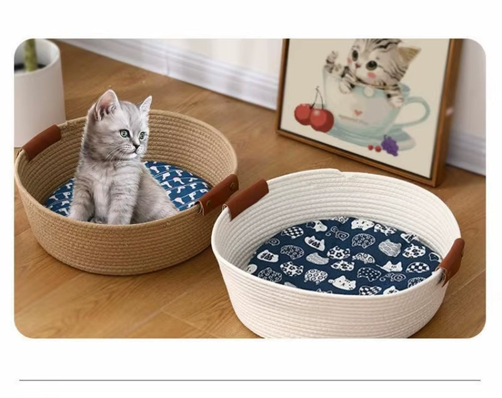 Woven Cotton Rope Cat Bed round Four Seasons Pet Bed with Removable Cushion Soft Washable Nest for Cats & Small Dogs, Cozy Cat