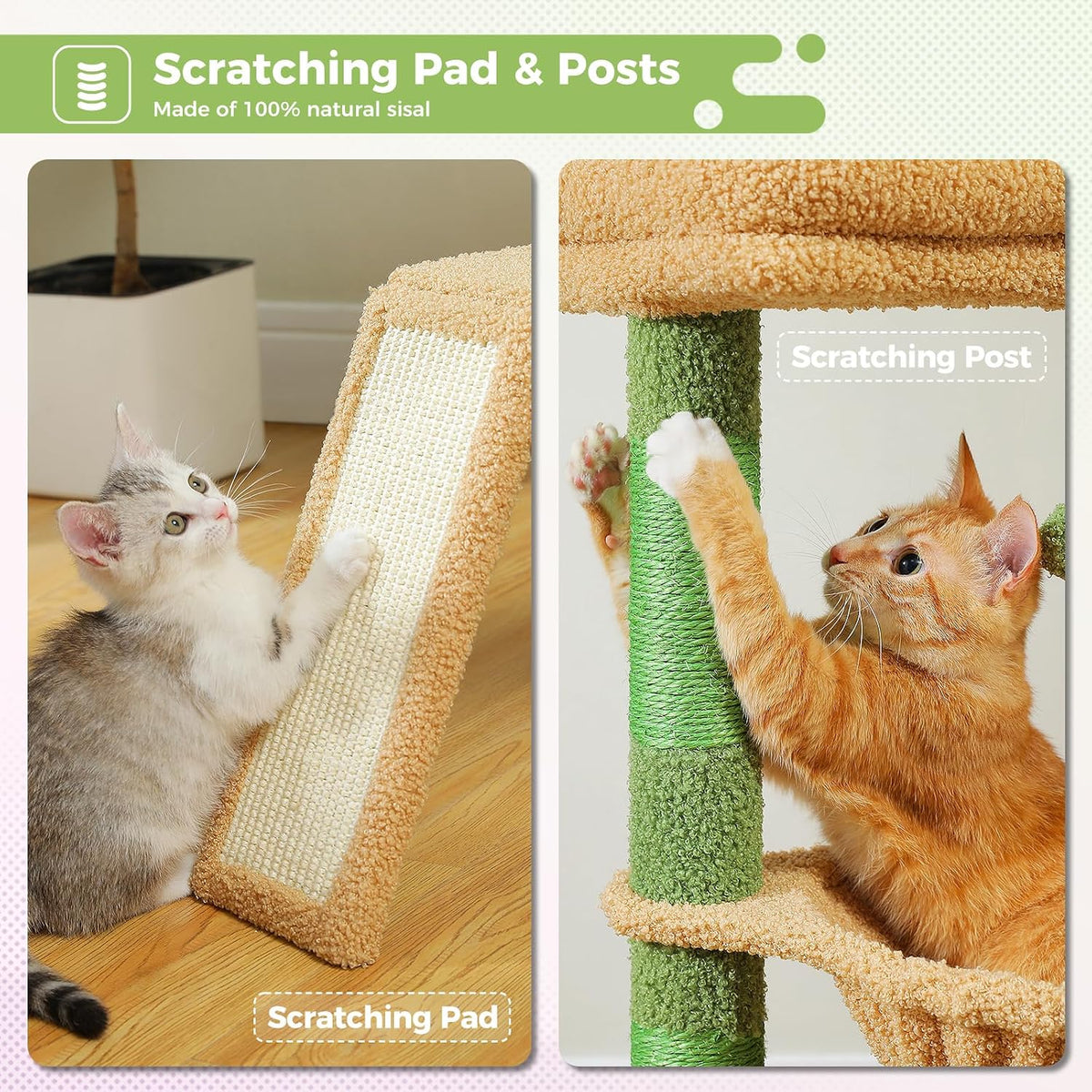 Cactus Cat Tree for Indoor Cats, 92Cm Cat Tower with 3 Scratching Post, Scratching Board, Large Condo, Cozy Hammock and Large Top Perch for Kittens, Green