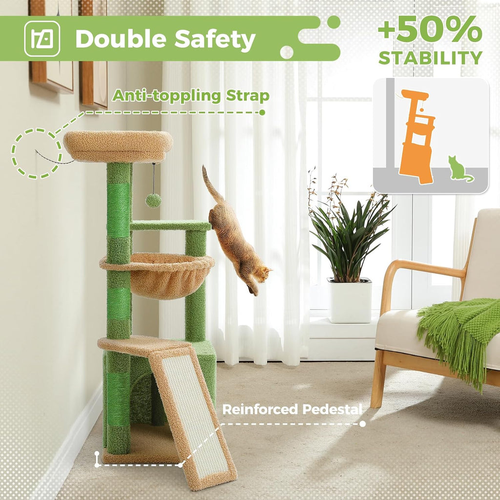 Cactus Cat Tree for Indoor Cats, 92Cm Cat Tower with 3 Scratching Post, Scratching Board, Large Condo, Cozy Hammock and Large Top Perch for Kittens, Green