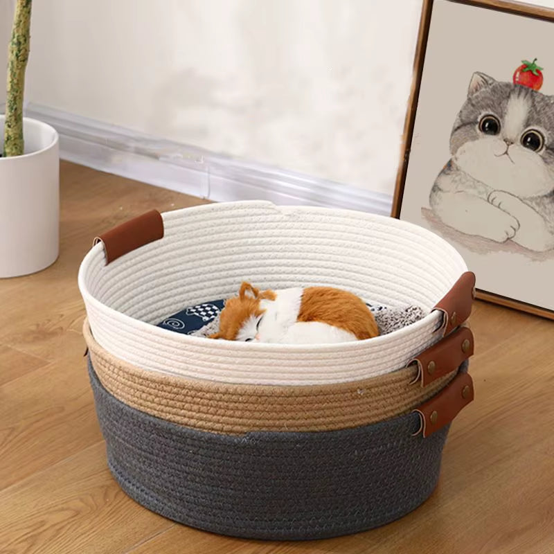 Woven Cotton Rope Cat Bed round Four Seasons Pet Bed with Removable Cushion Soft Washable Nest for Cats & Small Dogs, Cozy Cat