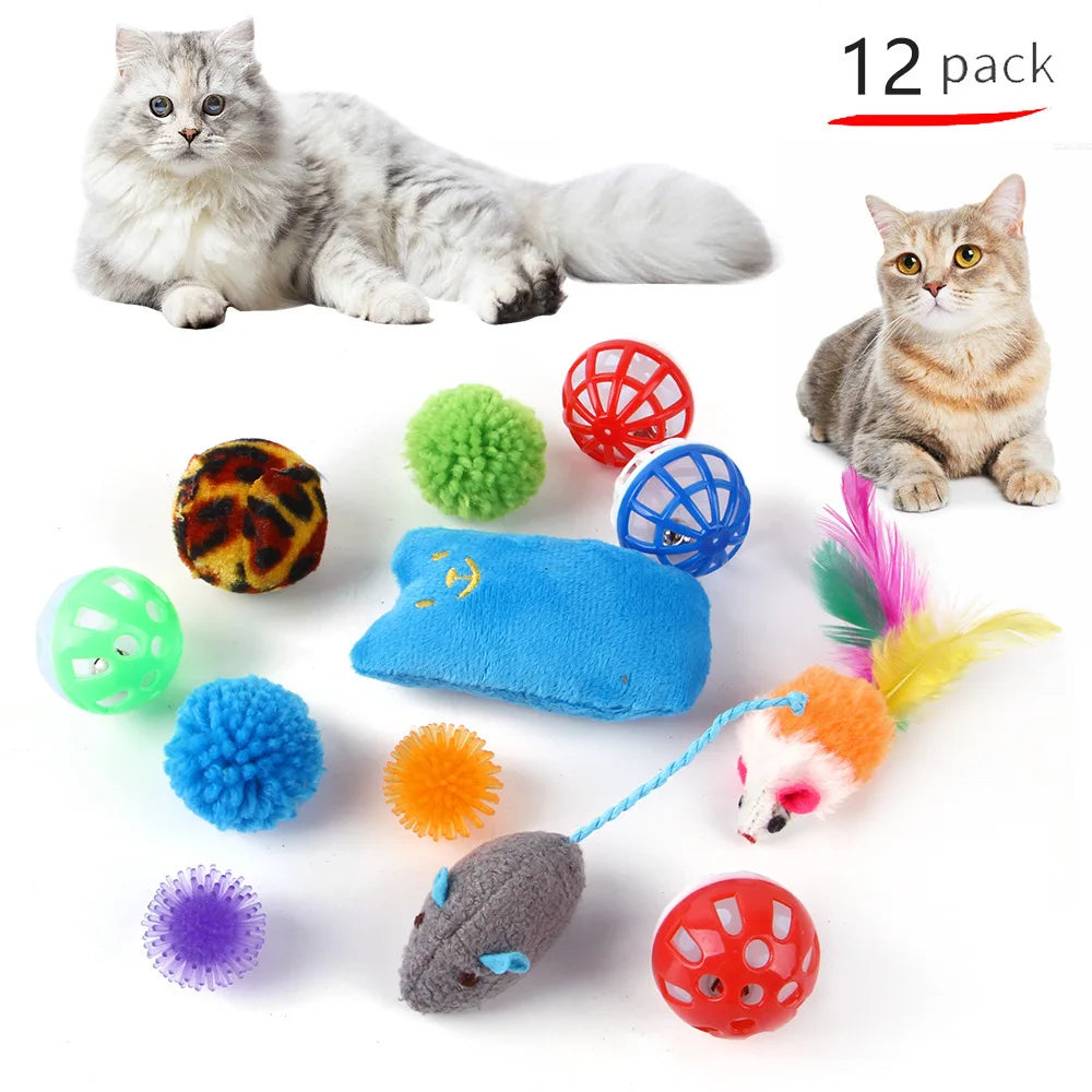 Cat Toy Set – Kitten Toy Variety Pack with Feather Wands, Mice, Balls & Bells – 12-Piece Mixed Set