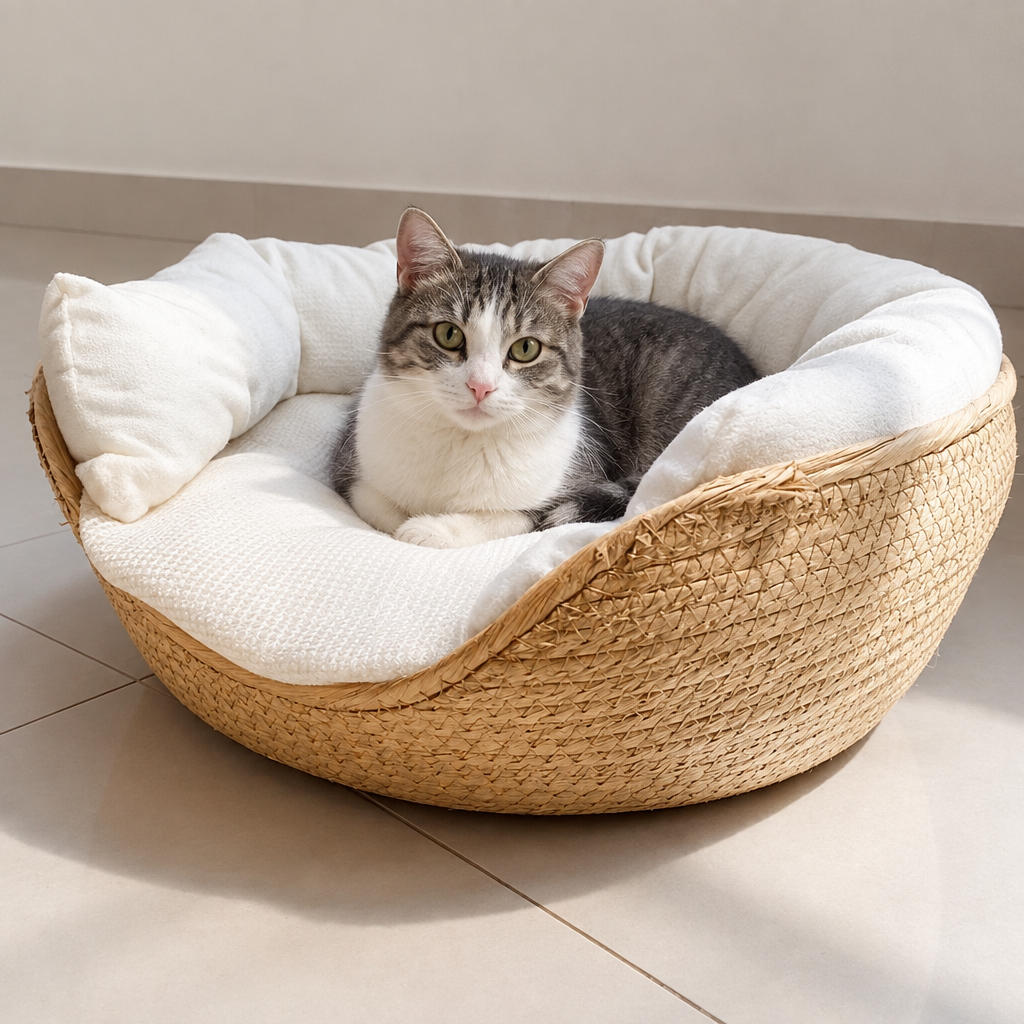 Woven Cat Basket Bed with Cushion at home