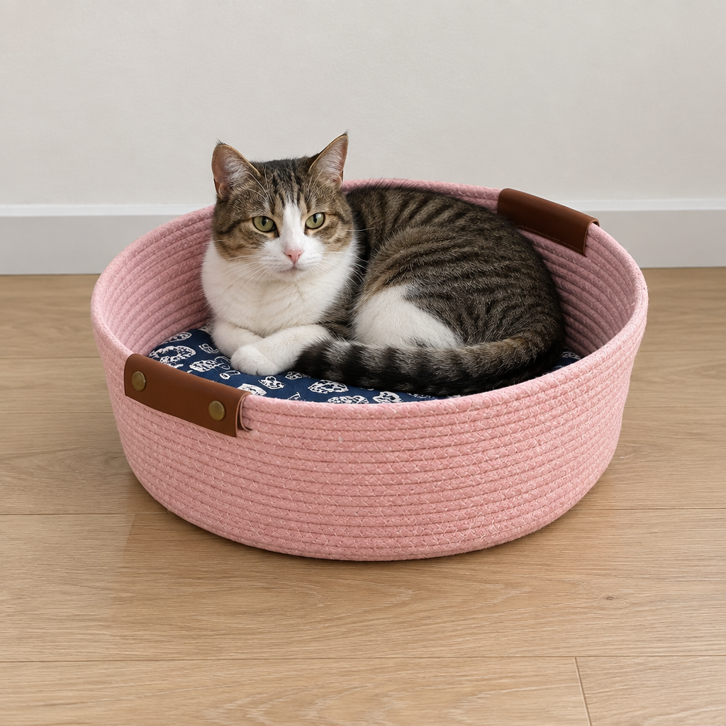 Woven Rope Cat Bed with Cushion at home