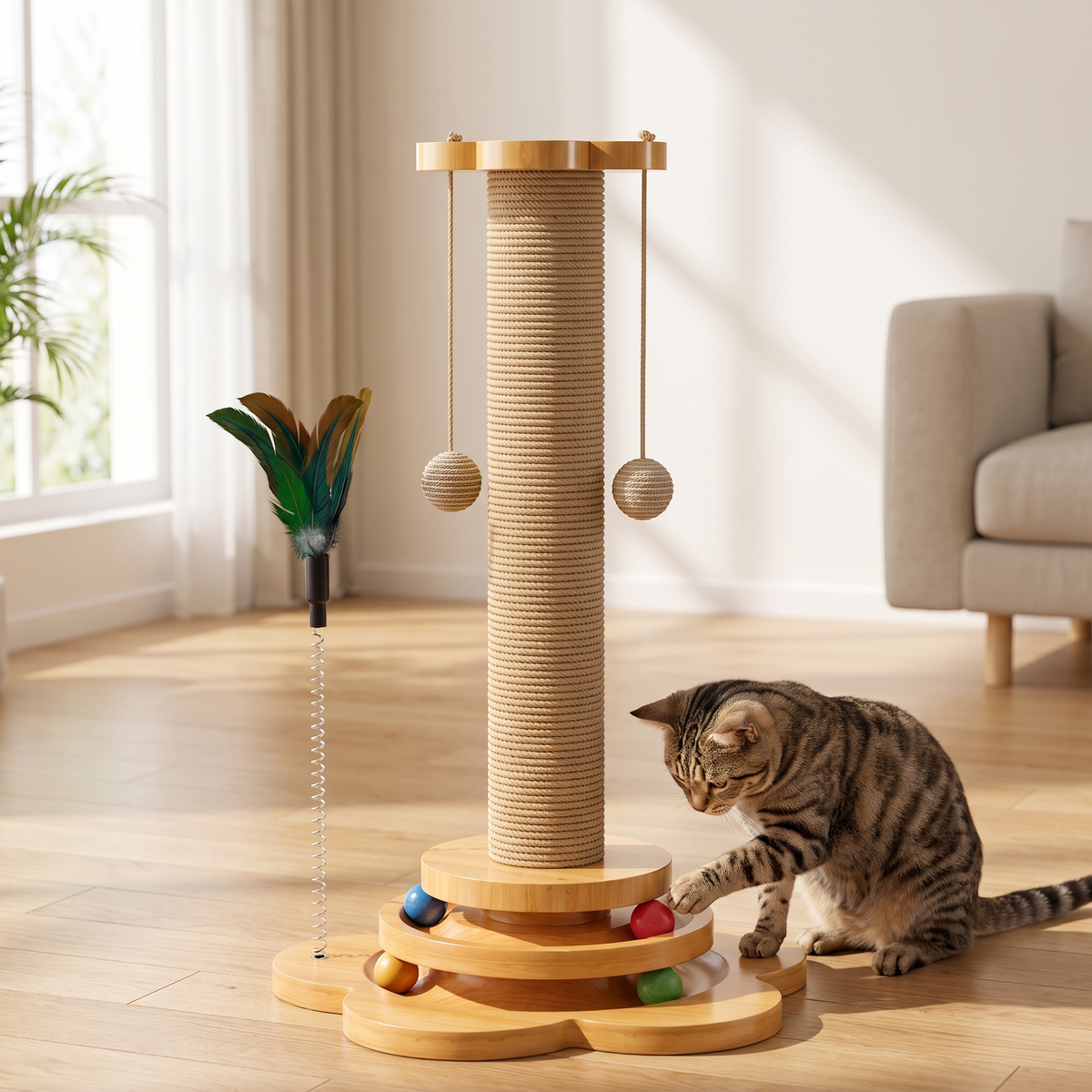 Tabby cat playing with a wooden ball track cat toy