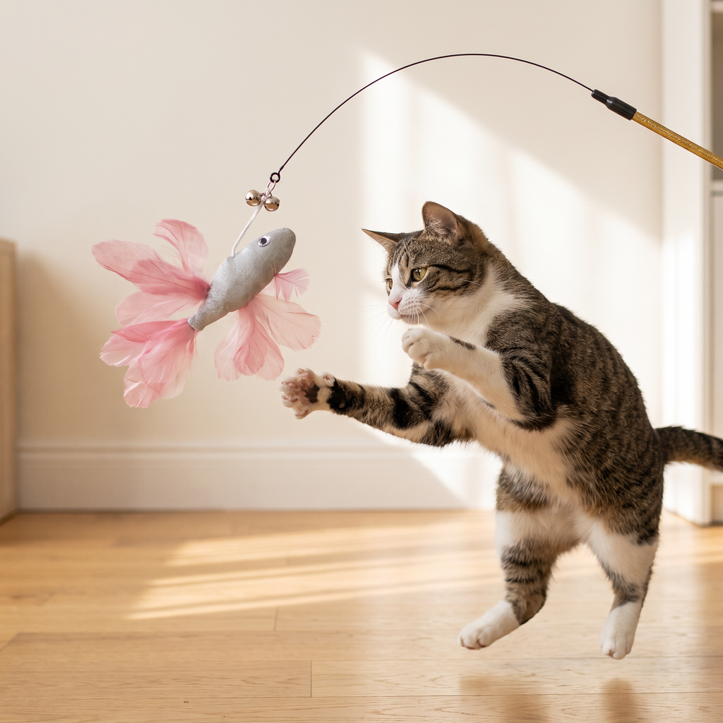Cat leaping at a betta fish cat teaser wand