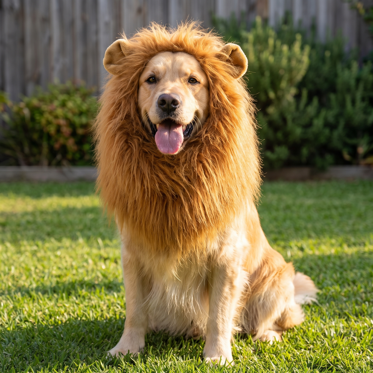 Golden retriever wearing a lion mane dog costume