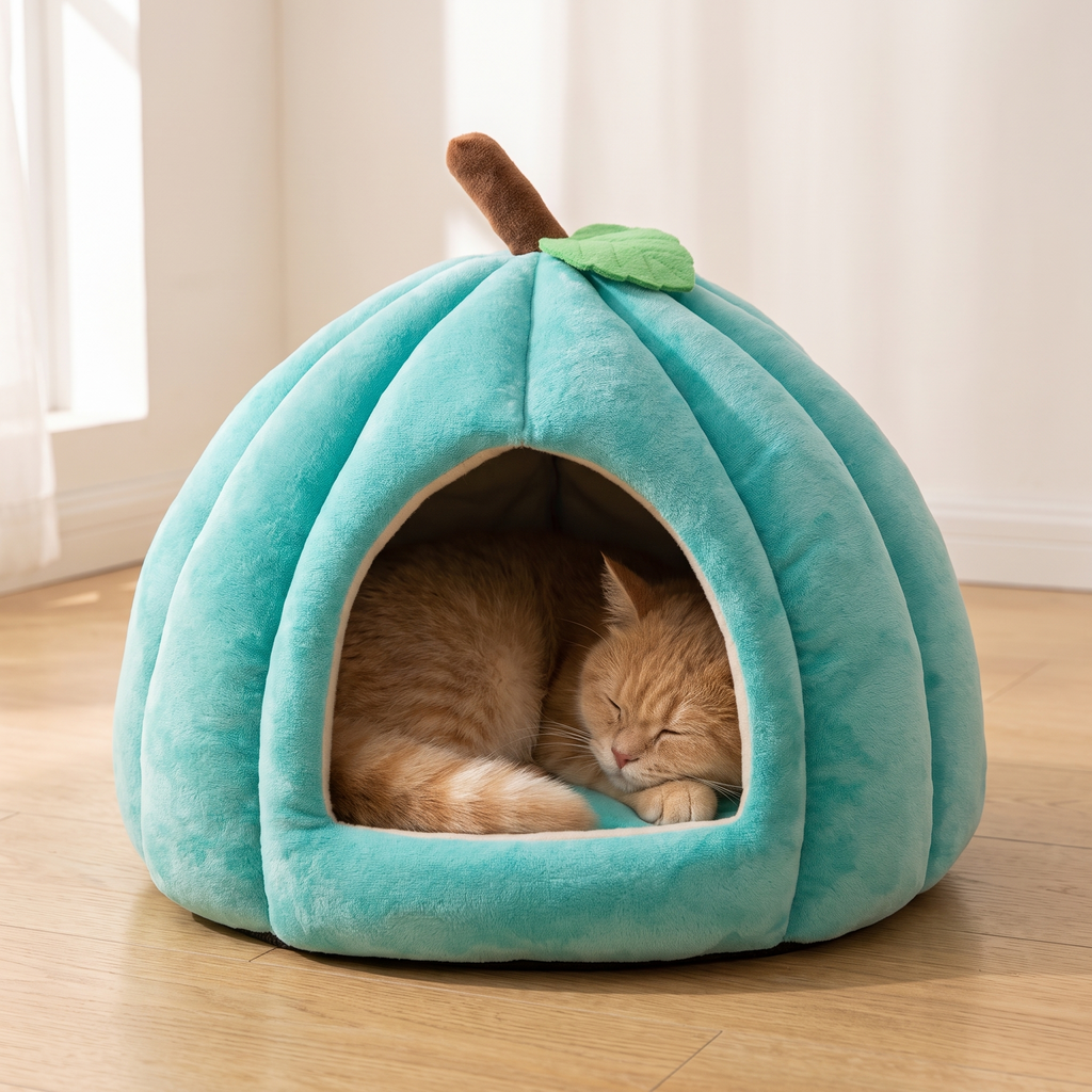 Pumpkin cat bed with a ginger cat asleep inside