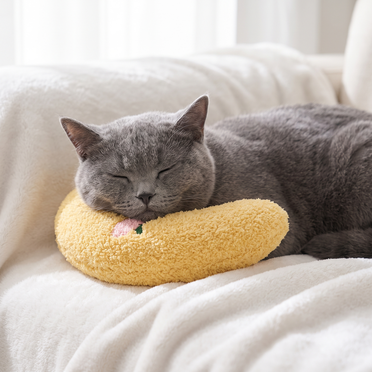 Cat sleeping with its chin on a small U-shaped pet pillow