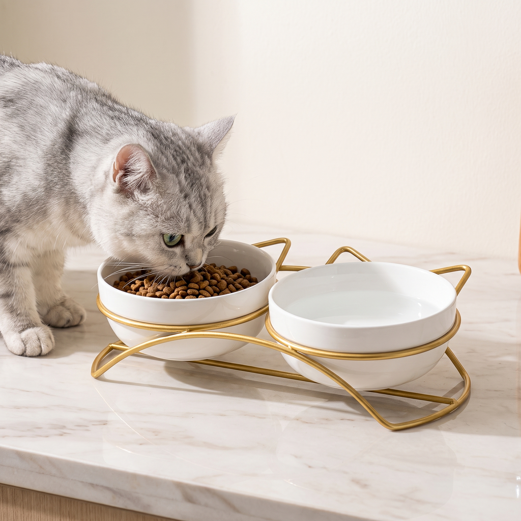 Raised ceramic cat bowls on a gold stand with a cat eating