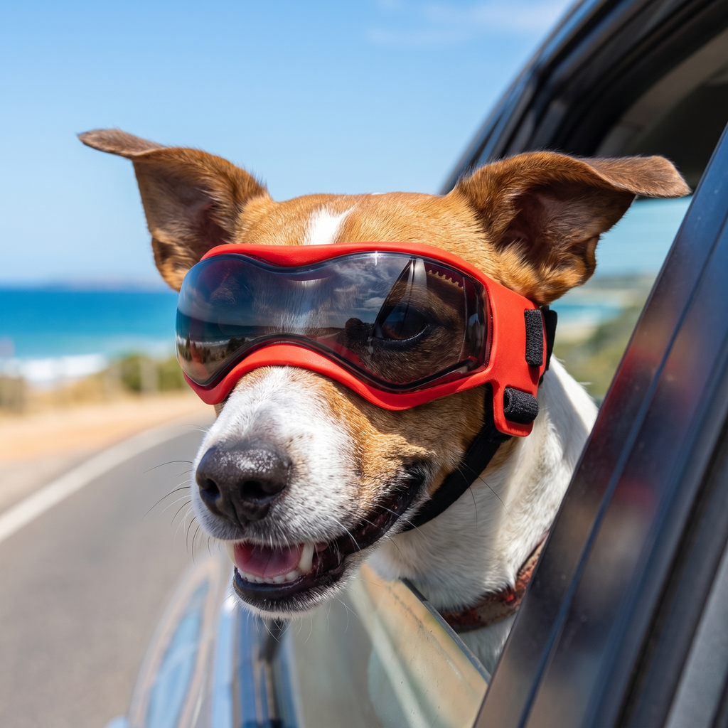 Jack Russell wearing dog goggles out a car window