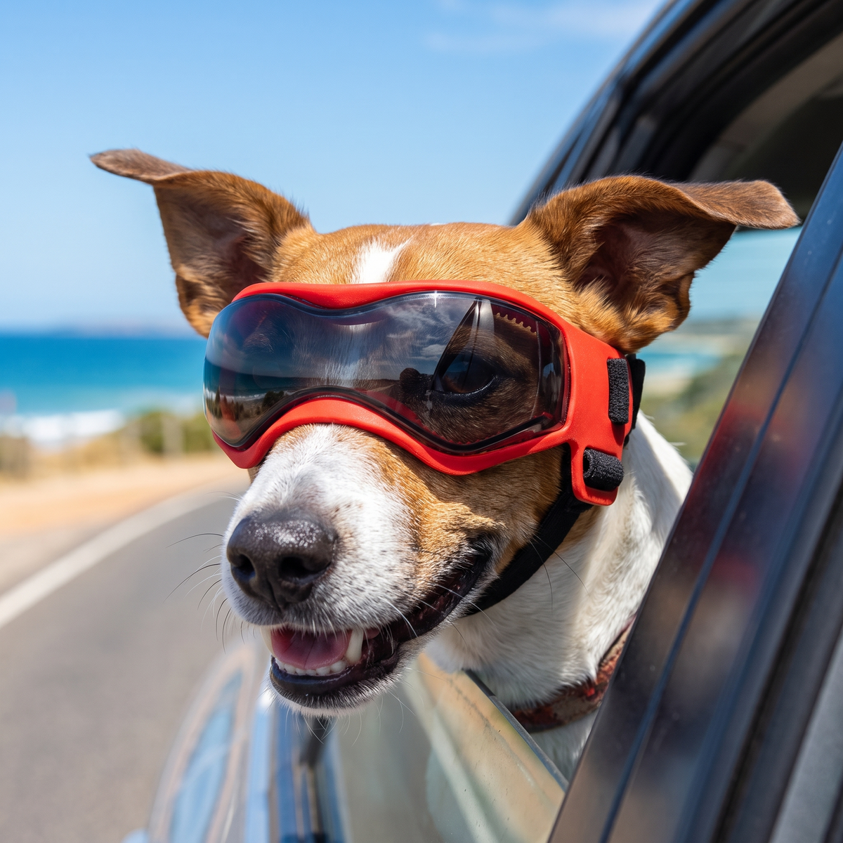 Jack Russell wearing dog goggles out a car window