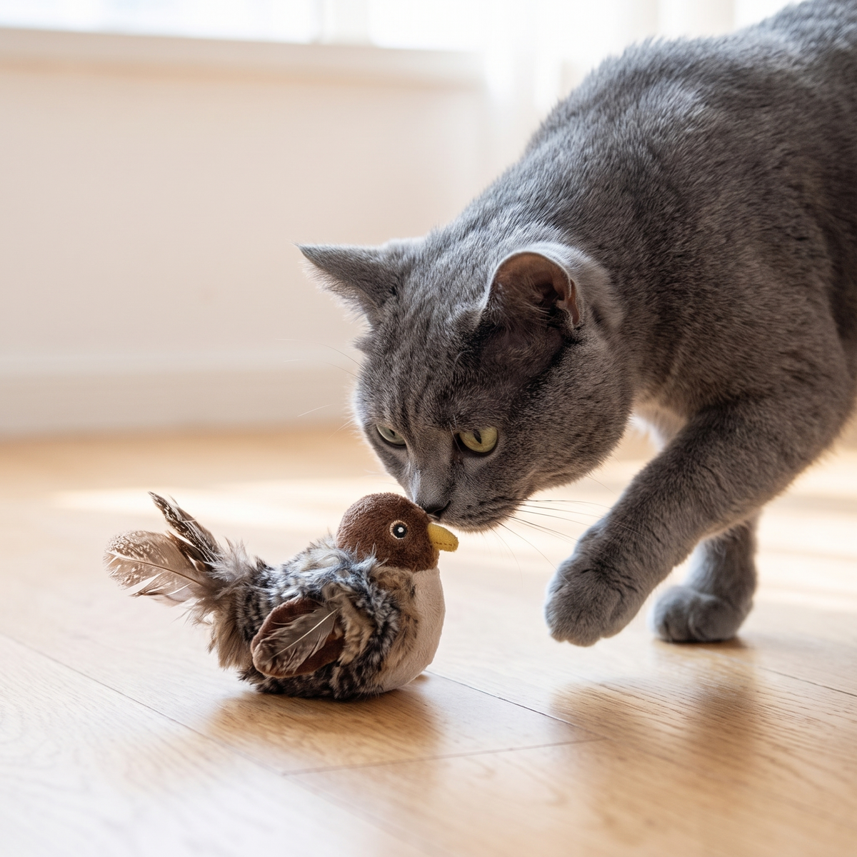 Cat sniffing a chirping bird cat toy