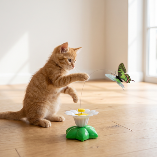 Kitten swatting at an automatic butterfly cat toy
