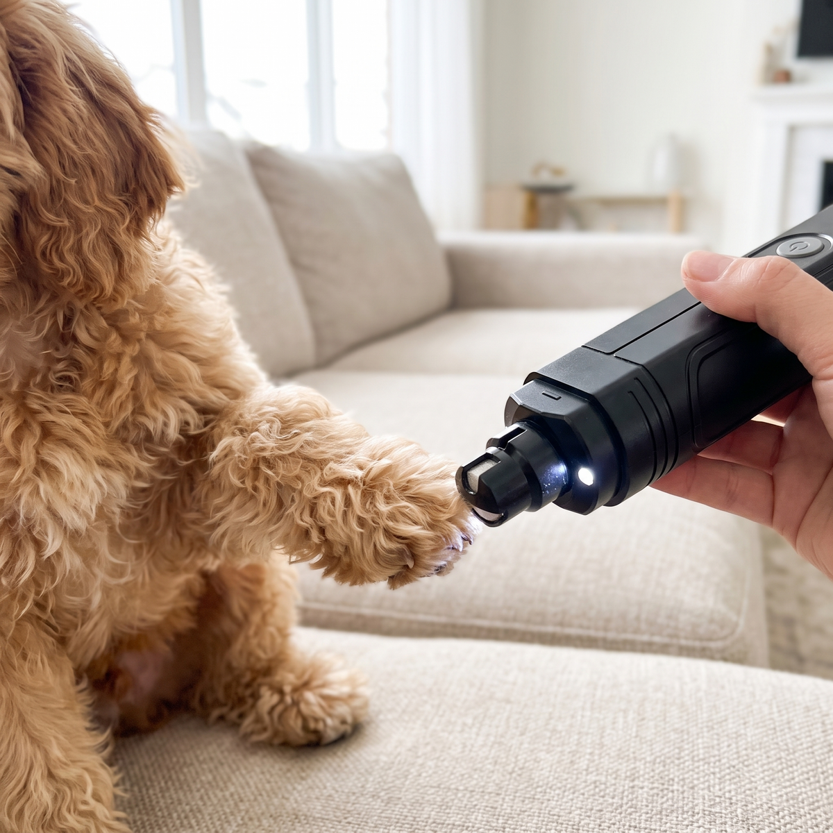Using an LED pet nail grinder on a dog's paw