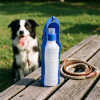 Foldable dog water bottle on a park bench