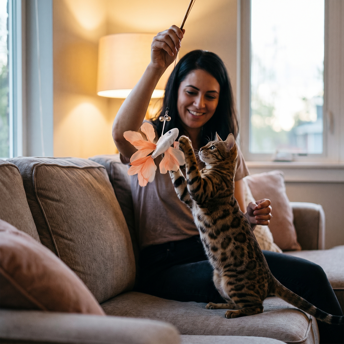 Bengal cat reaching for a fish teaser wand