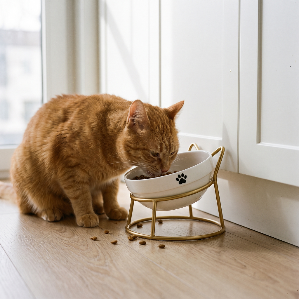 Ginger cat eating from a tilted ceramic cat bowl