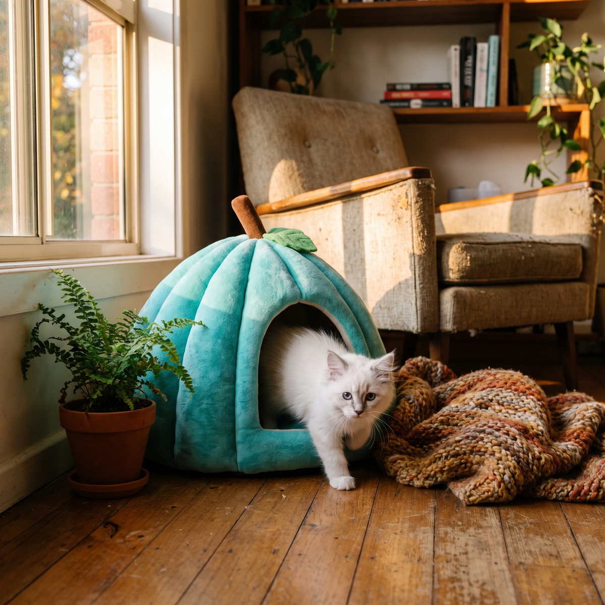 Kitten stepping out of a plush pumpkin cat bed in a cosy lounge room