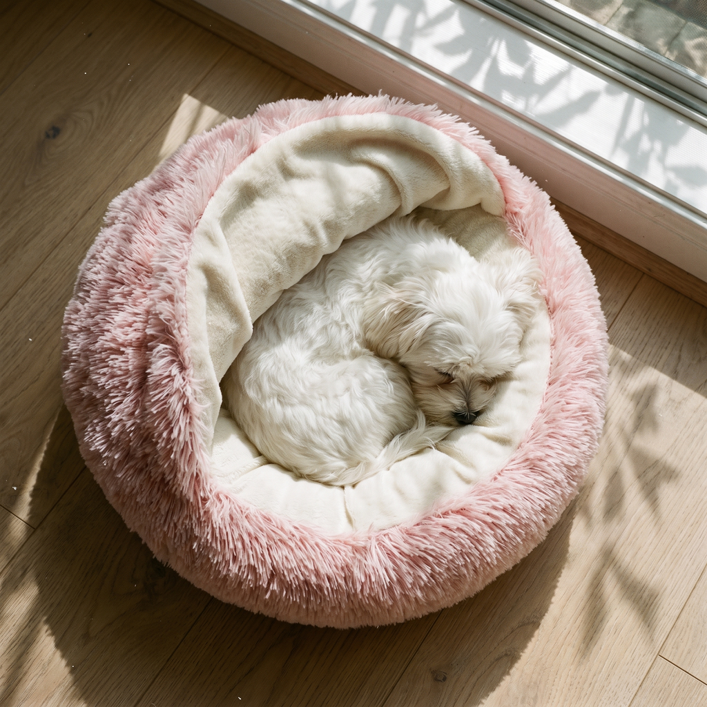 Puppy curled up in a fluffy round pet bed