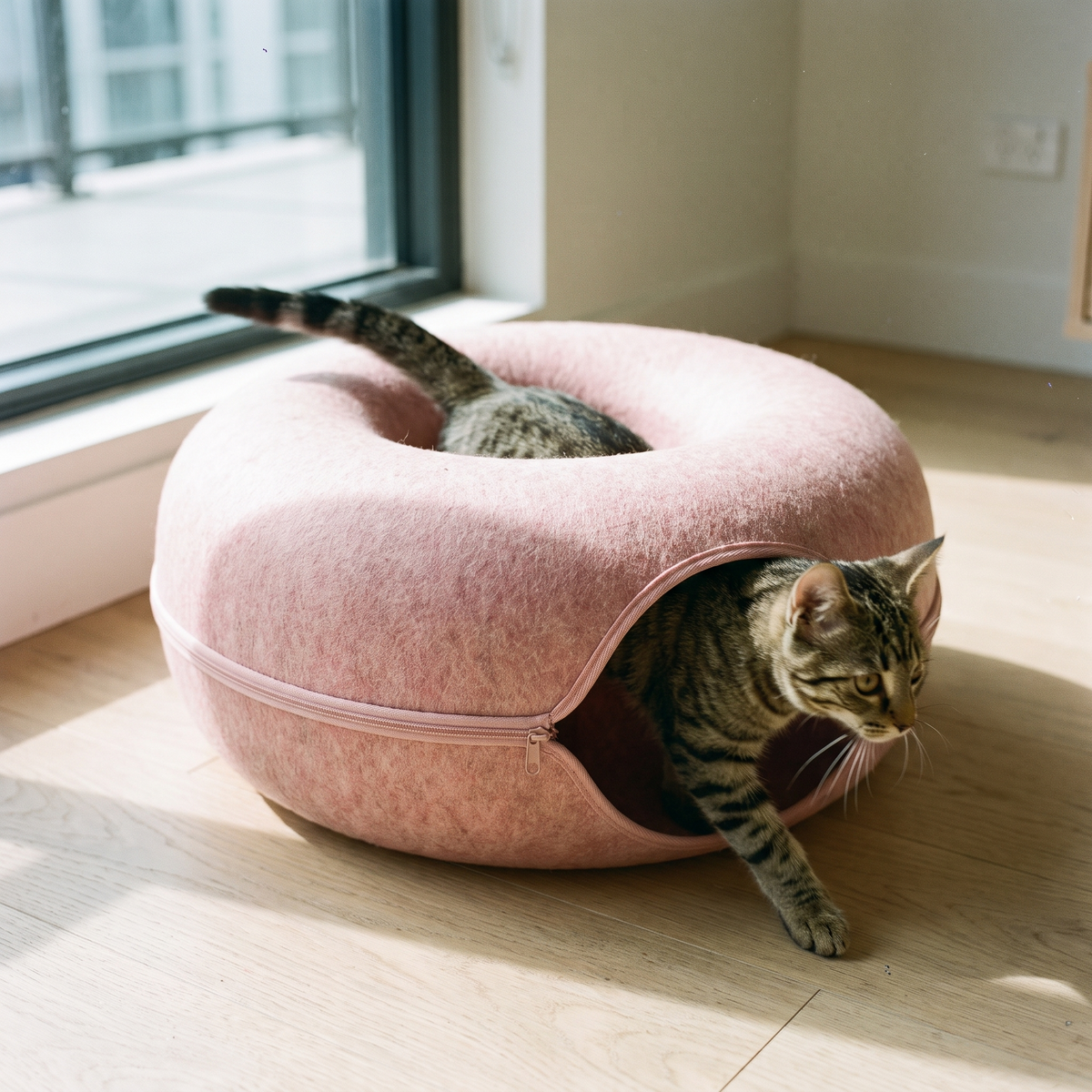 Cat running through a pink felt donut tunnel bed