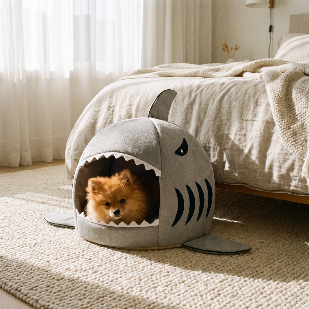 Puppy peeking out of a shark-mouth pet bed