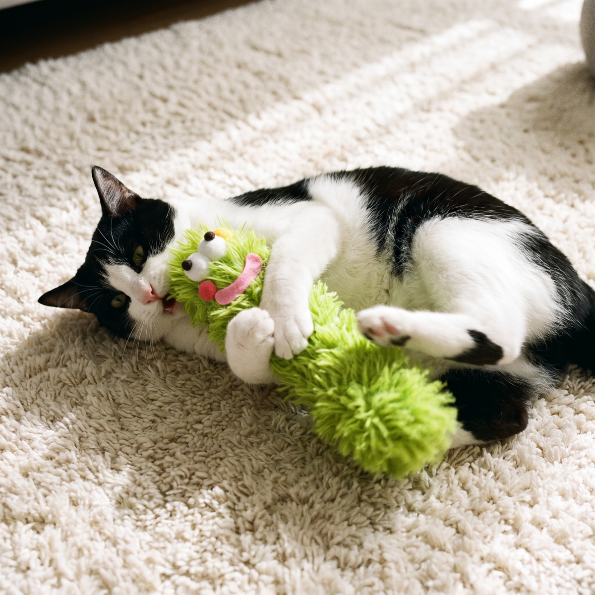 Cat bunny-kicking a pink fuzzy monster catnip toy