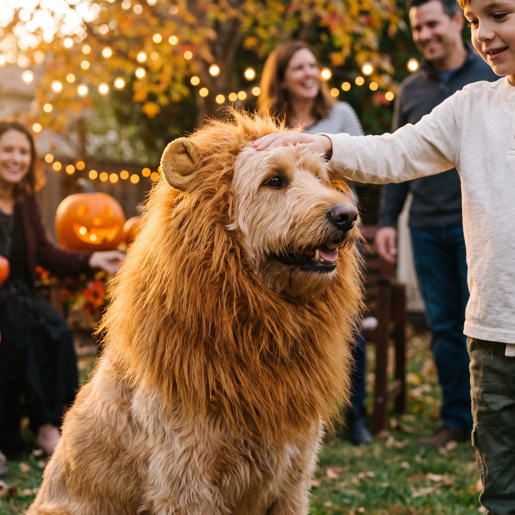Labradoodle in a lion mane costume at a Halloween party