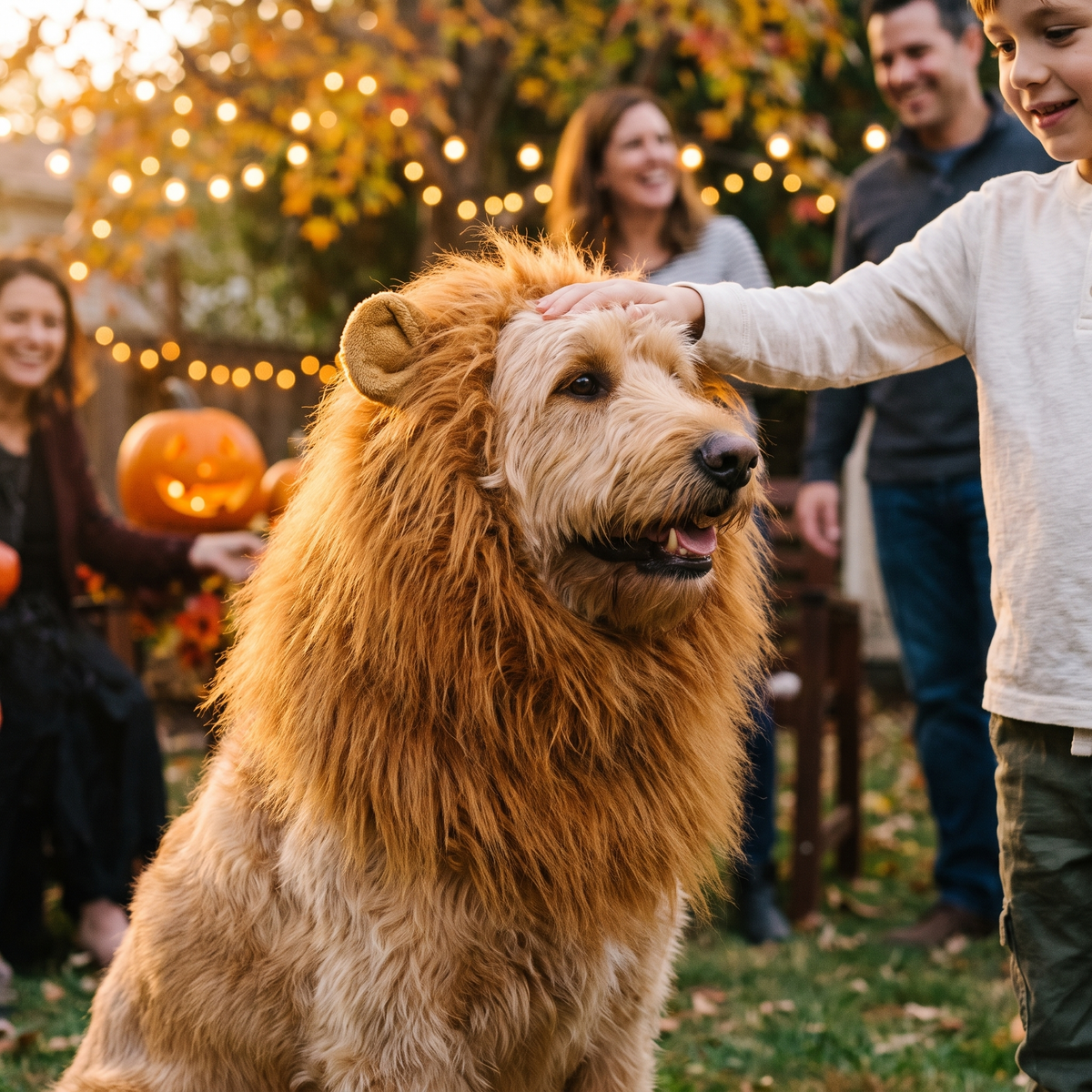 Labradoodle in a lion mane costume at a Halloween party