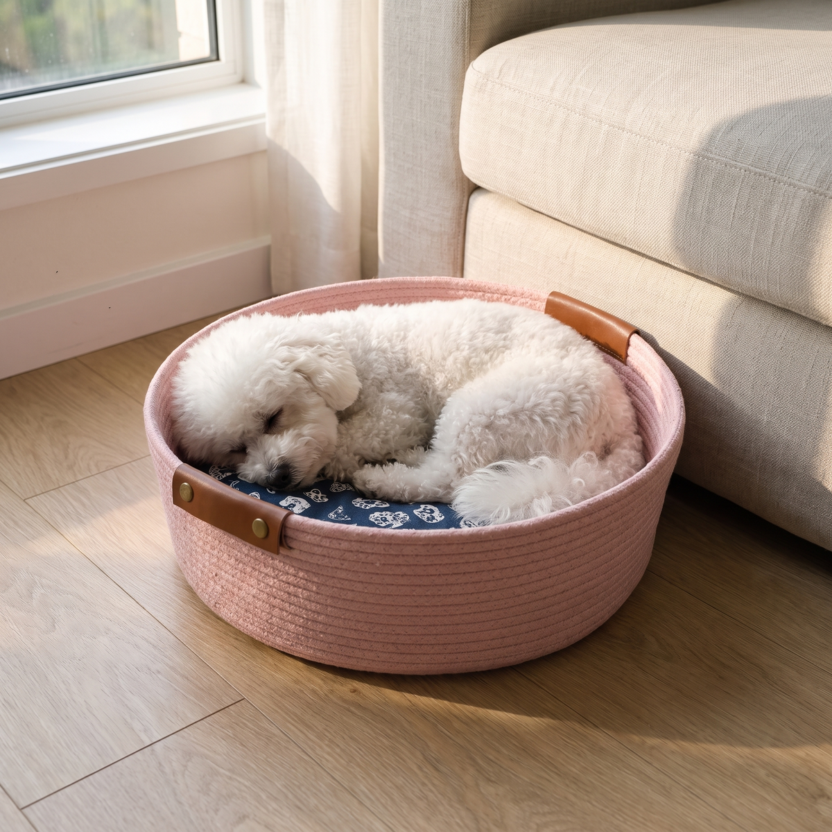 Small white dog asleep in a woven rope pet bed
