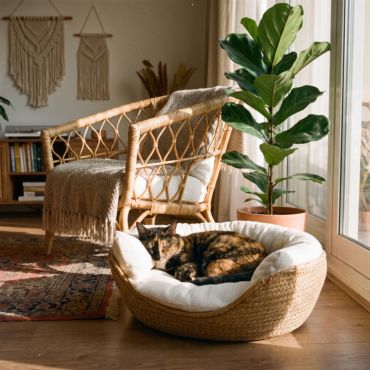 Cat curled up in a woven basket pet bed