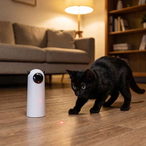 Black cat chasing the dot from an automatic laser cat toy