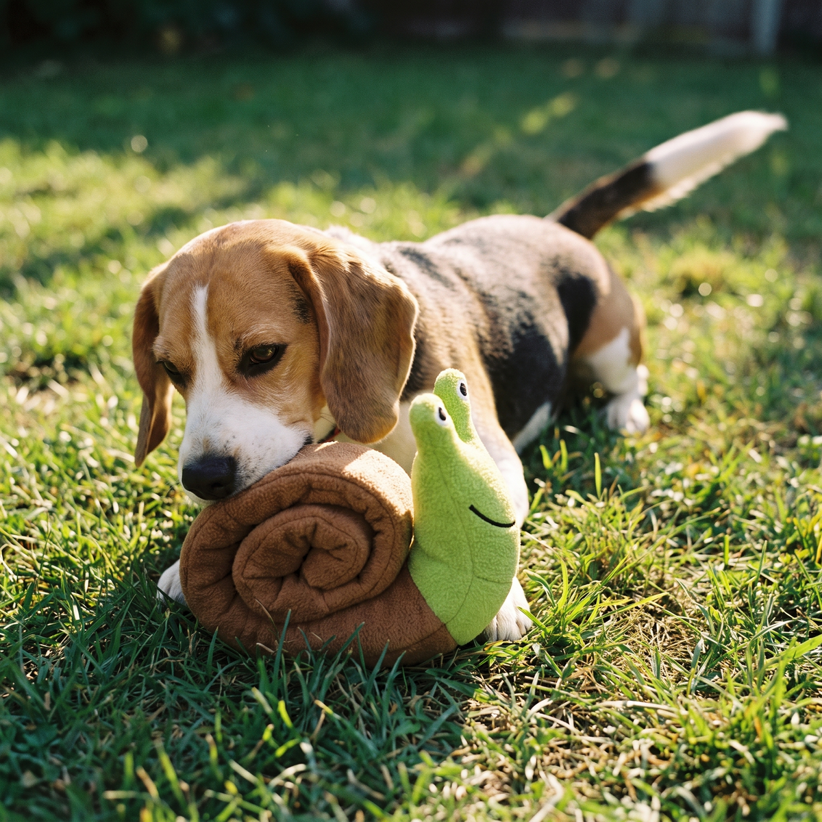 Beagle sniffing for treats in a snuffle snail toy