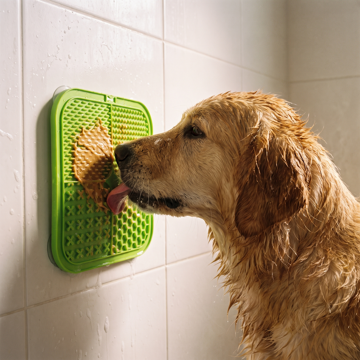 Dog licking a lick mat stuck to the bath tiles