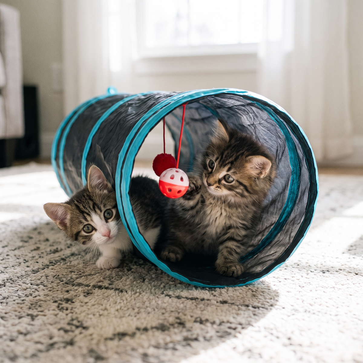 Kittens playing in a collapsible cat tunnel