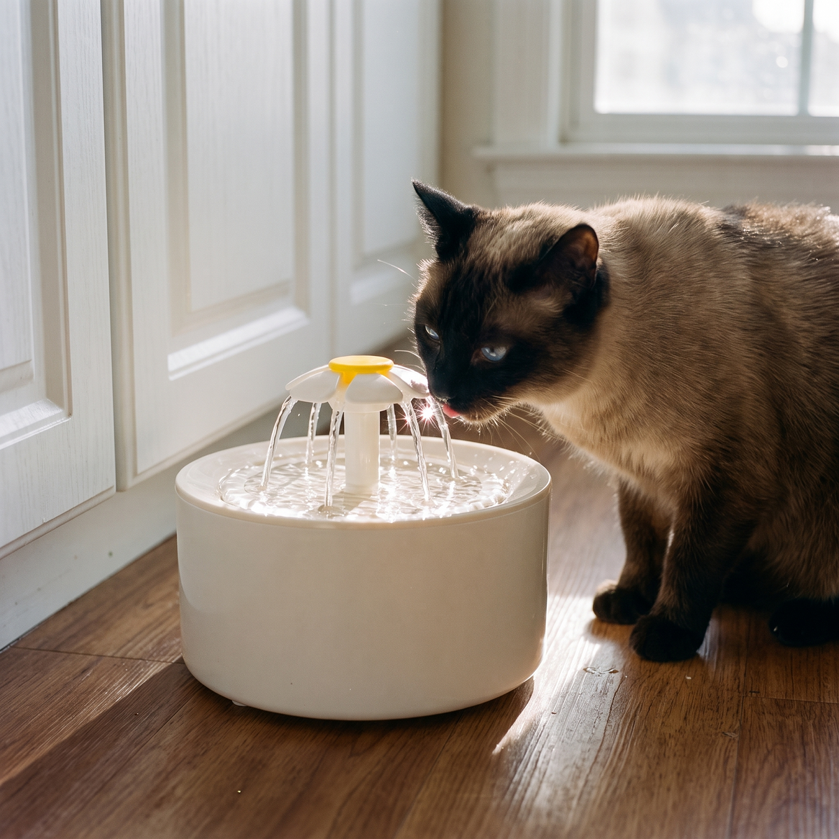 Siamese cat drinking from a cat water fountain