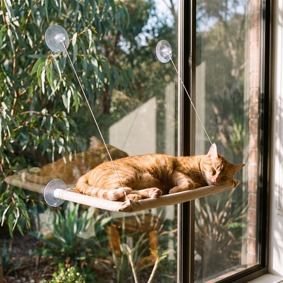 Cat asleep on a suction cup window hammock